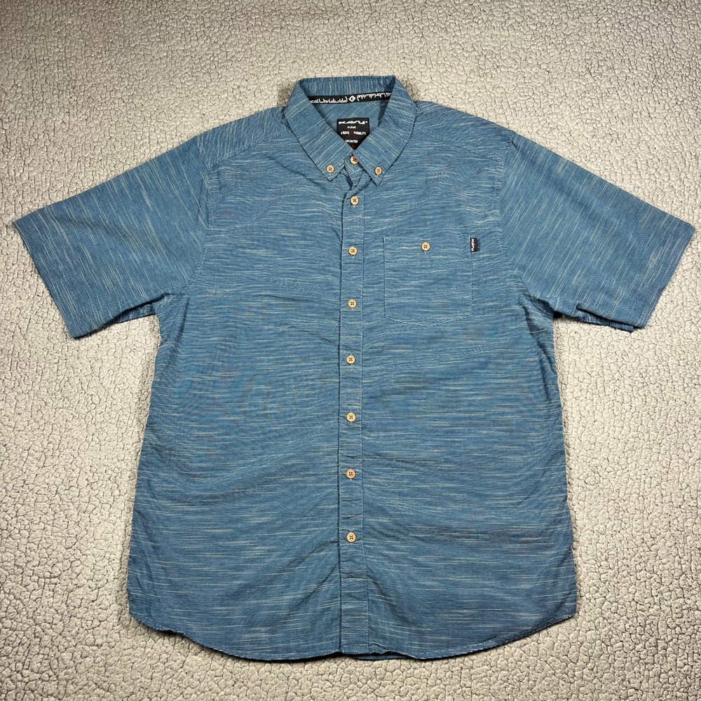 KAVU Short Sleeve Button Down Shirt  Mens Large Blue Space Dye Stretch Outdoor